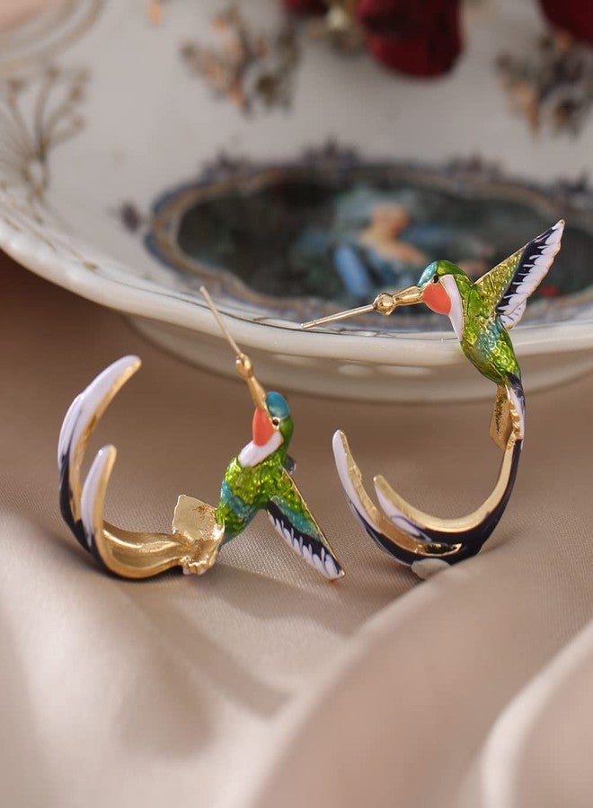 POYAMUSE Colorful Hummingbird Enamel Stud Earrings - Flying Hummingbird C Shaped Stud Earrings for Women Oil Painting Style Jewelry - Image 3